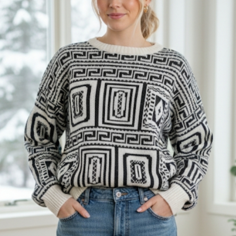 Women's Black & Cream Geometric Knit Sweater